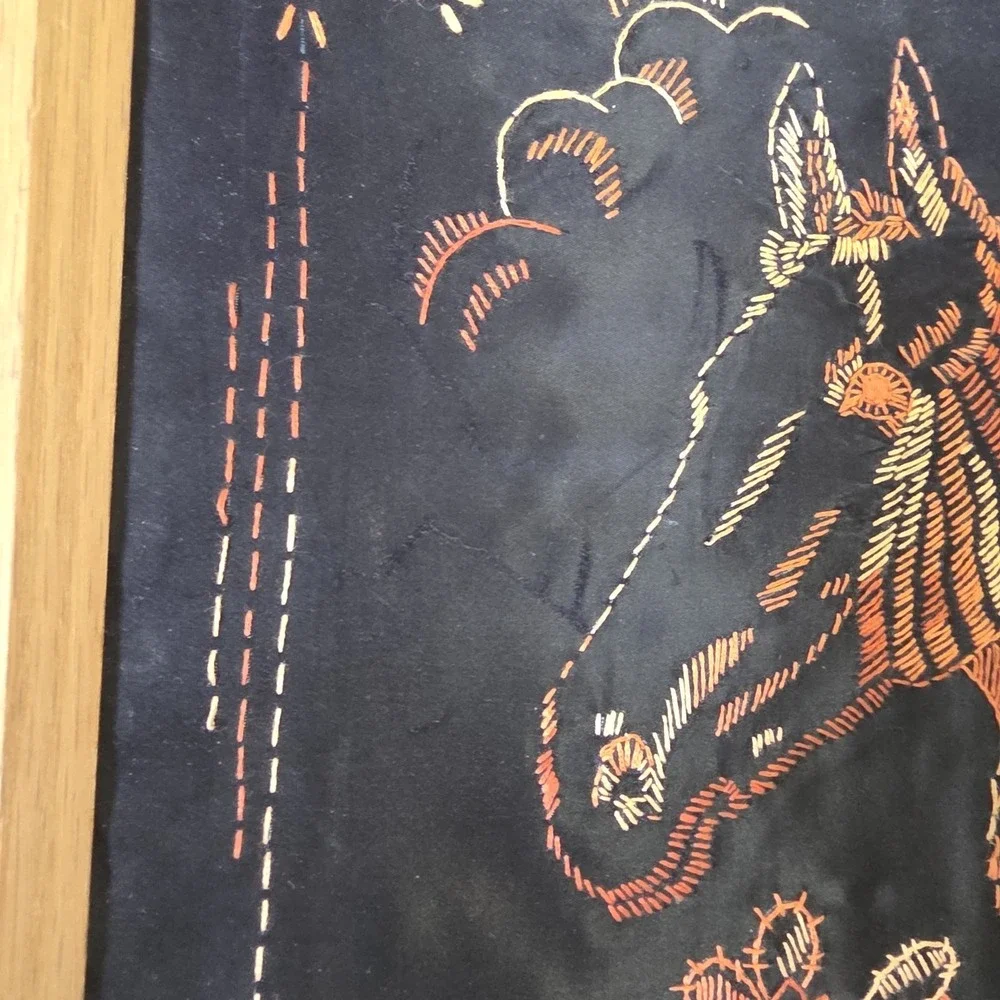 Vintage Hand Embroidered Brown Satin In Wood Frame Western Cowboy Horses Cactus